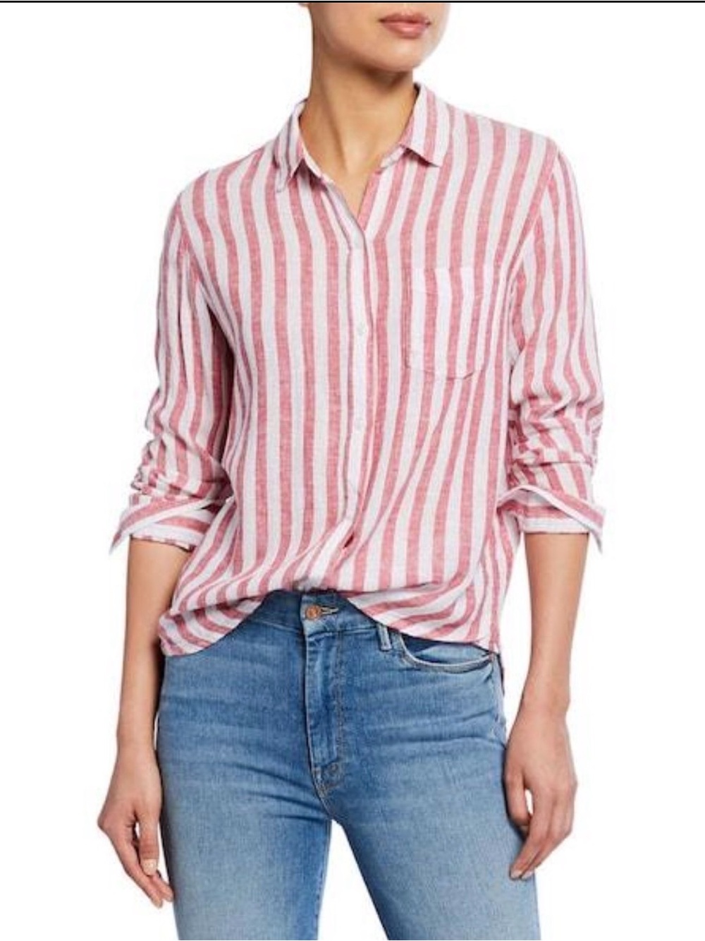 Classic Red & White Stripe Button-Front Shirt - Women